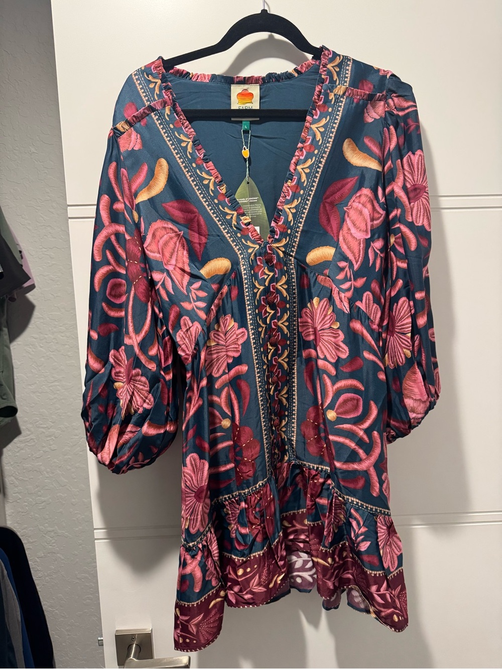NWT FARM Rio Teal Floral Long Sleeve Dress with Pink & Gold Embroidery
